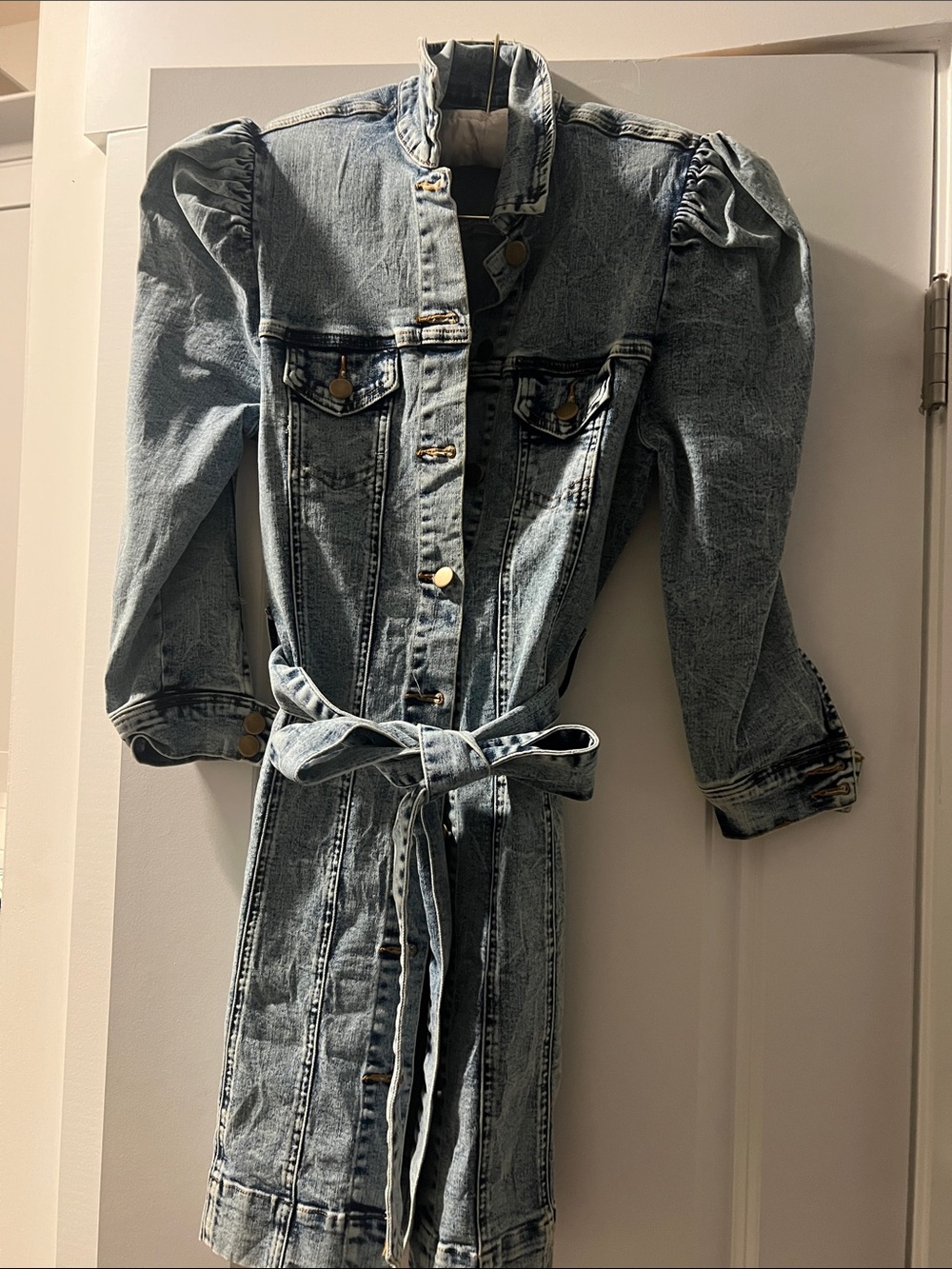 Light Blue Denim Belted Jean Jacket with Puff Shoulders